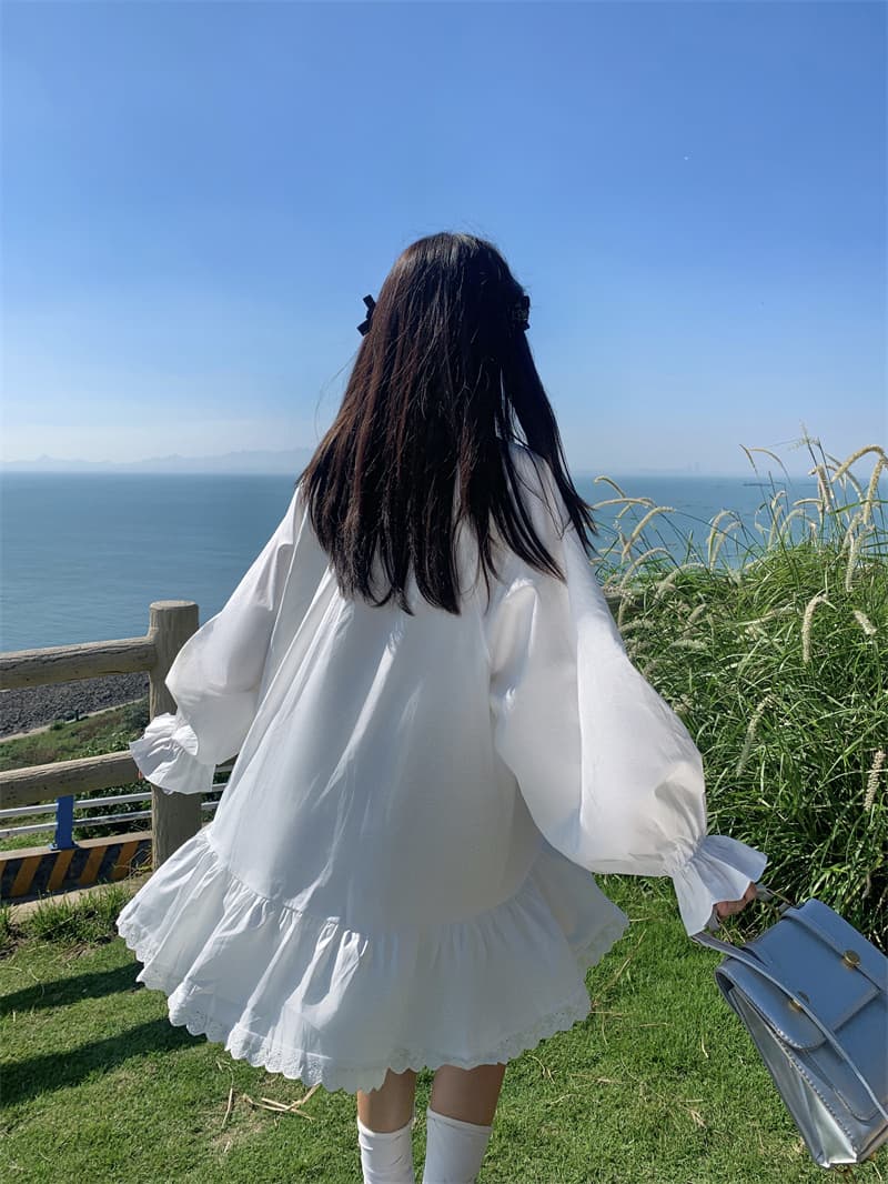 실사 새로운 한 부서 달콤함 마이너스 무거운 작업 플리츠 레이스 레이스업 루즈핏 긴팔 셔츠 드레스 상세 이미지 10