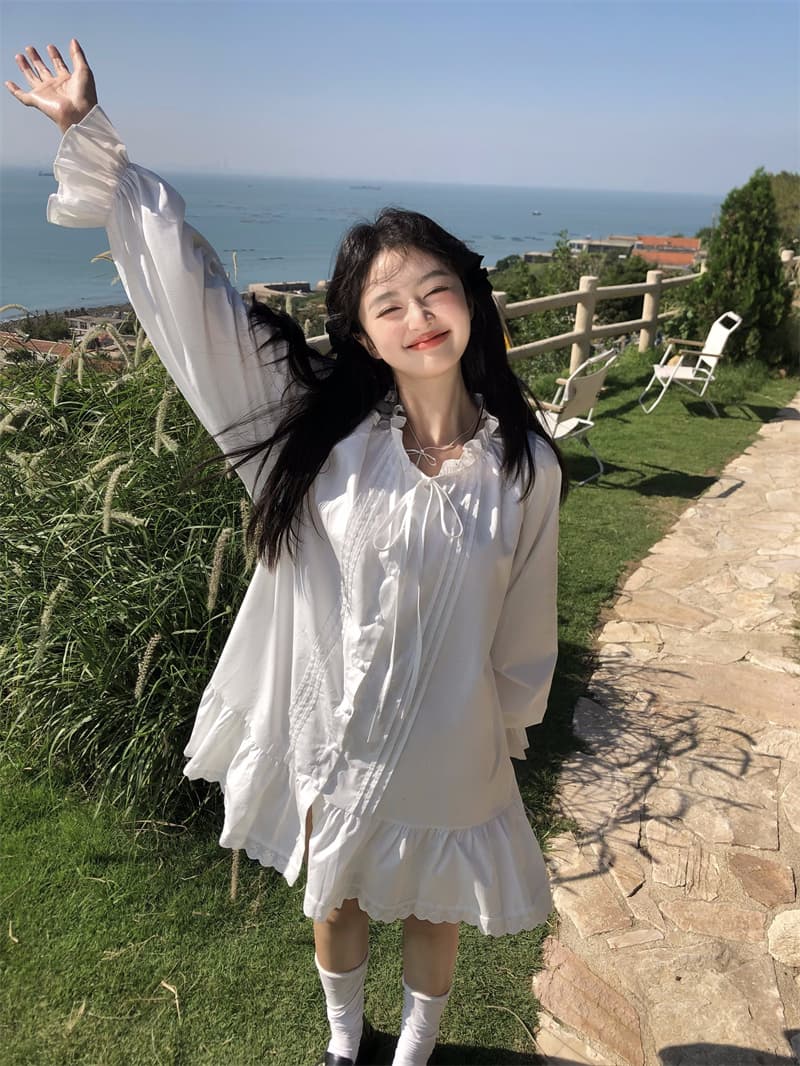 실사 새로운 한 부서 달콤함 마이너스 무거운 작업 플리츠 레이스 레이스업 루즈핏 긴팔 셔츠 드레스 상세 이미지 15