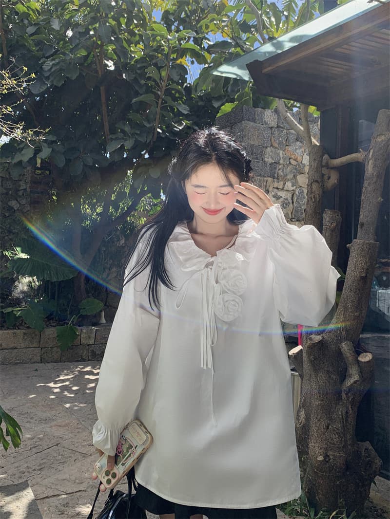 실사 봄 새로운 한 부서 달콤함 연령 감소 베이비 칼라 작은 꽃 레이스업 루즈핏 긴팔 셔츠 상세 이미지 6