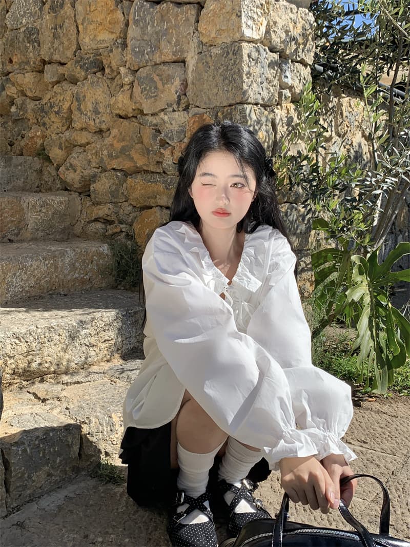 실사 봄 새로운 한 부서 달콤함 연령 감소 베이비 칼라 작은 꽃 레이스업 루즈핏 긴팔 셔츠 상세 이미지 18
