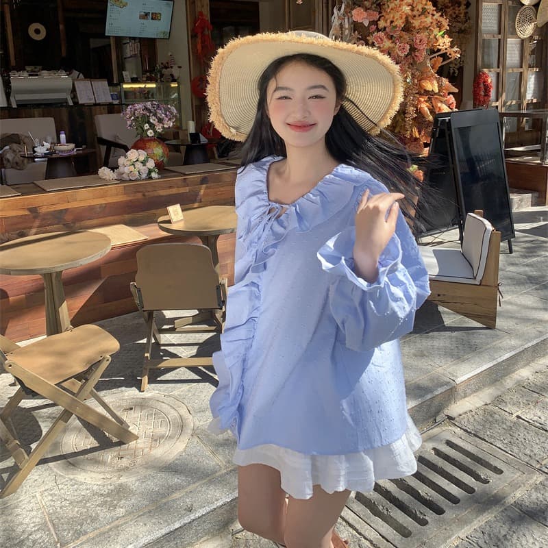 실사 봄 새로운 한 부서 달콤함 연령 감소 프릴 레이스업 루즈핏 긴팔 셔츠 이미지 6