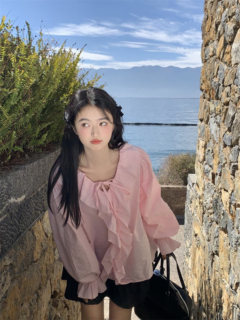 실사 봄 새로운 한 부서 달콤함 연령 감소 프릴 레이스업 루즈핏 긴팔 셔츠 상세 이미지 21
