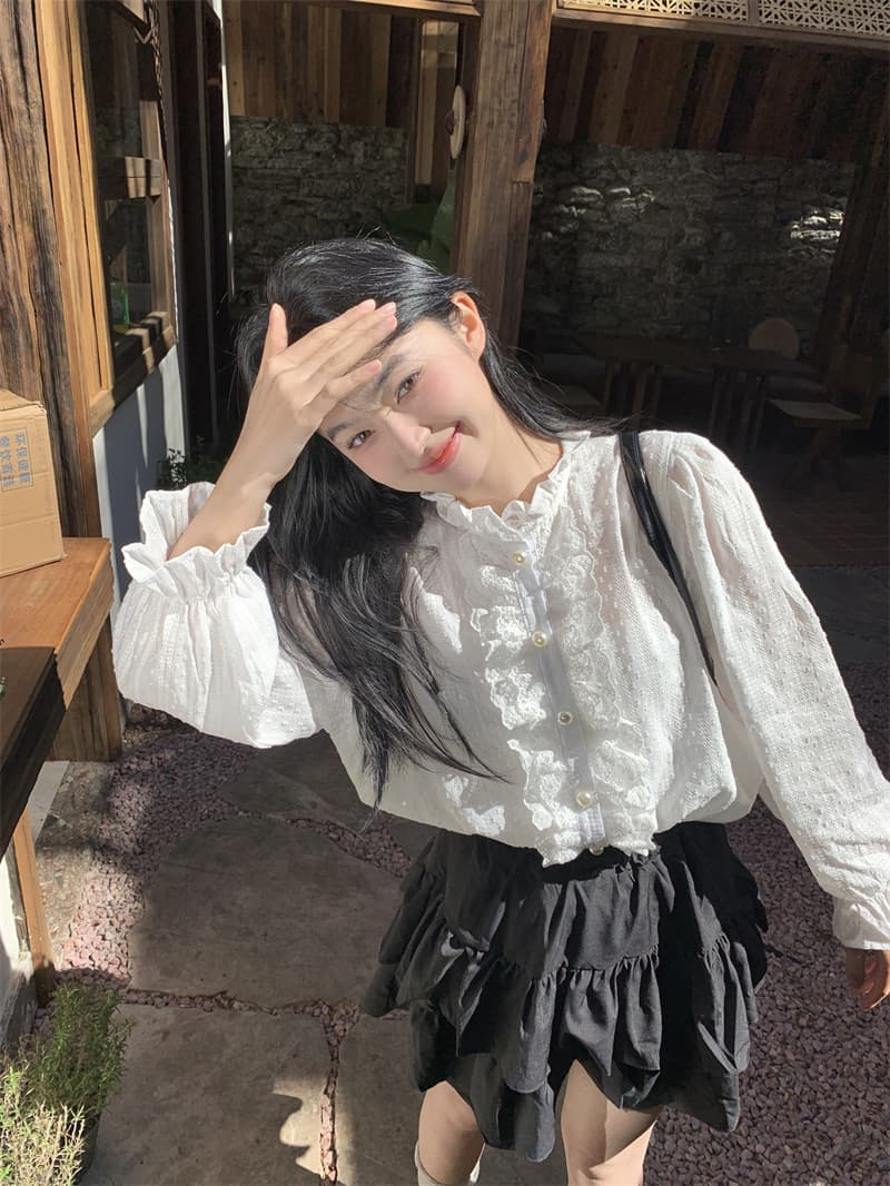 실사 봄 새로운 한 부서 달콤함 디자인 센스 프릴 진주 버클 루즈핏 긴팔 셔츠 상세 이미지 1