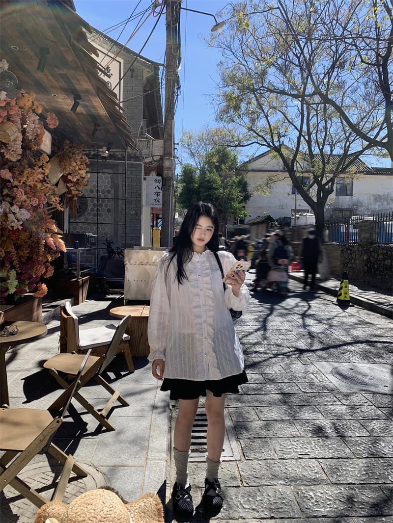 실사 봄 새로운 한 부서 달콤함 디자인 센스 프릴 진주 버클 루즈핏 긴팔 셔츠 상세 이미지 19