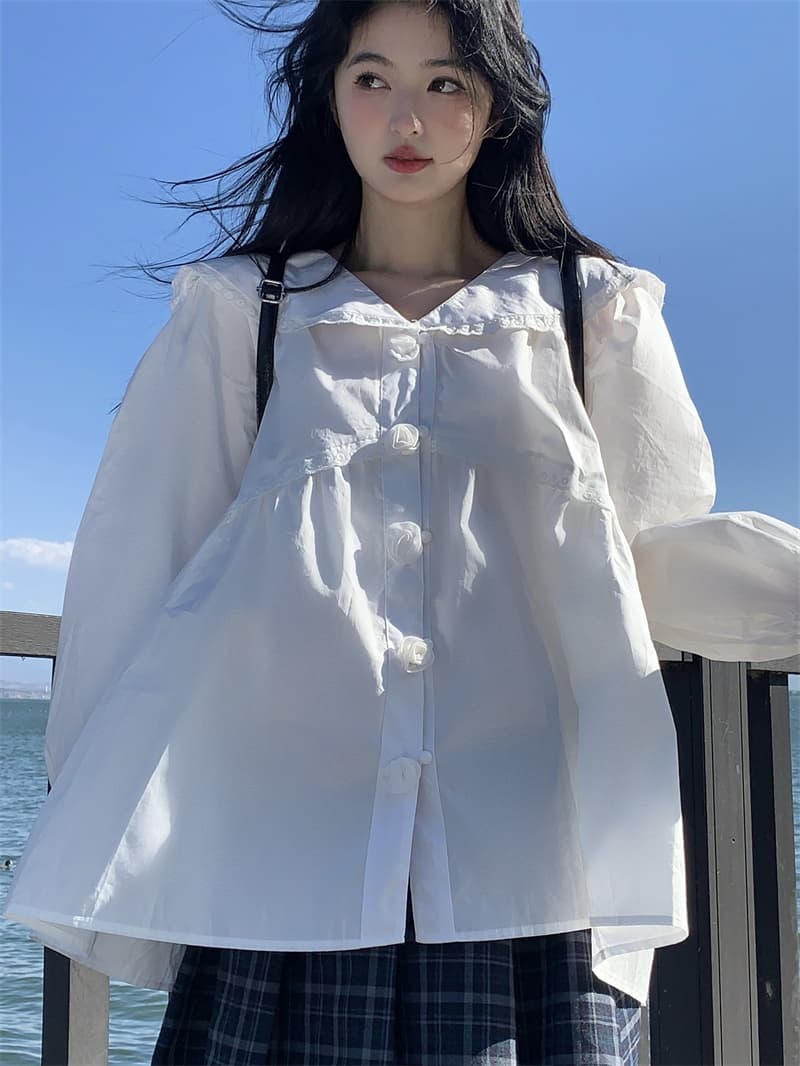 실사 봄 새로운 한 부서 달콤함 무거운 작업 베이비 칼라 3 차원 꽃 루즈핏 긴팔 셔츠 상세 이미지 7