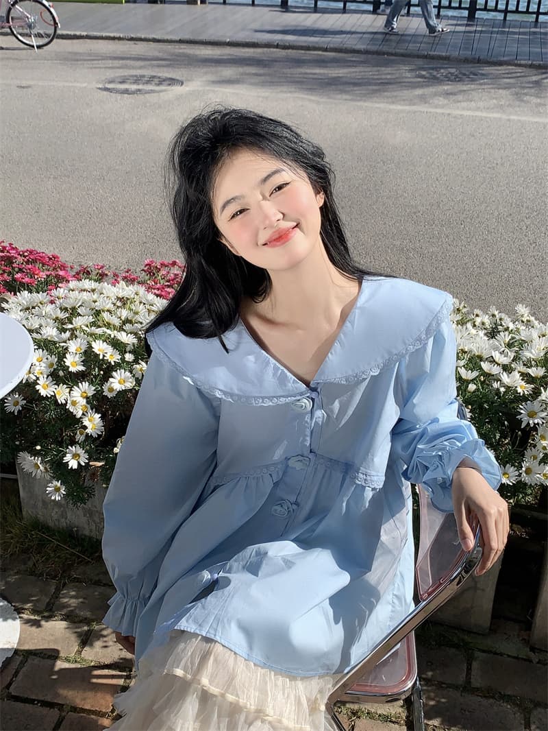 실사 봄 새로운 한 부서 달콤함 무거운 작업 베이비 칼라 3 차원 꽃 루즈핏 긴팔 셔츠 상세 이미지 22