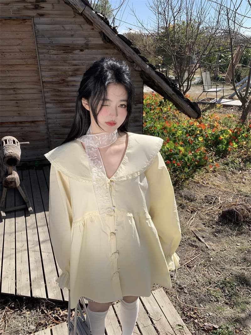 실사 봄 새로운 한 부서 달콤함 무거운 작업 베이비 칼라 3 차원 꽃 루즈핏 긴팔 셔츠 상세 이미지 30