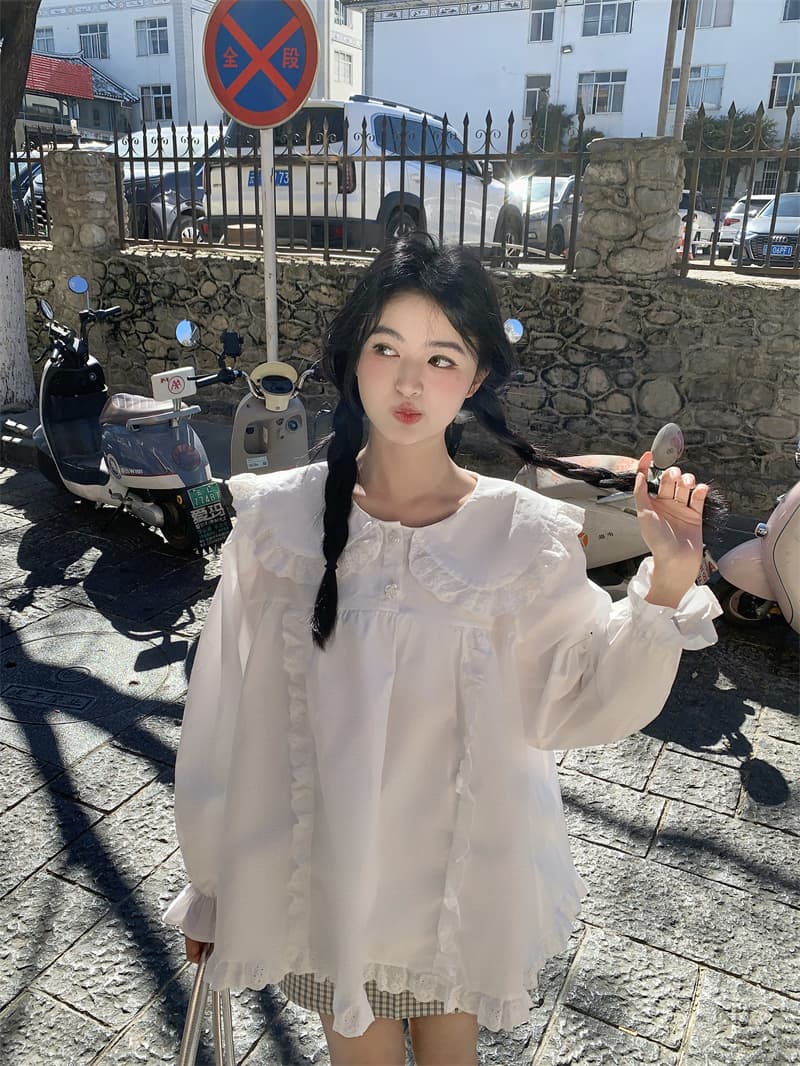 실사 새로운 한 부서 달콤함 연령 감소 베이비 칼라 프릴 루즈핏 긴팔 셔츠 이미지 3