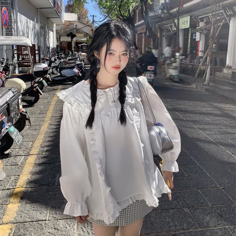 실사 새로운 한 부서 달콤함 연령 감소 베이비 칼라 프릴 루즈핏 긴팔 셔츠 이미지 5