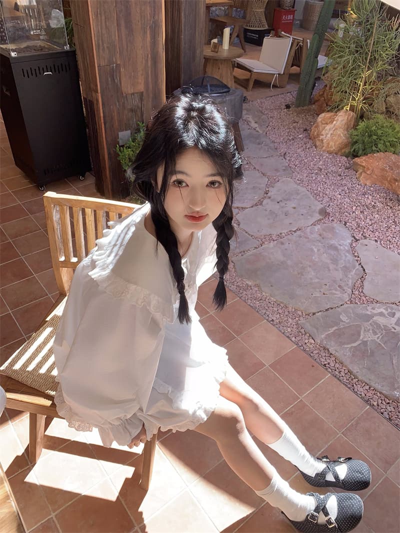 실사 새로운 한 부서 달콤함 연령 감소 베이비 칼라 프릴 루즈핏 긴팔 셔츠 상세 이미지 8