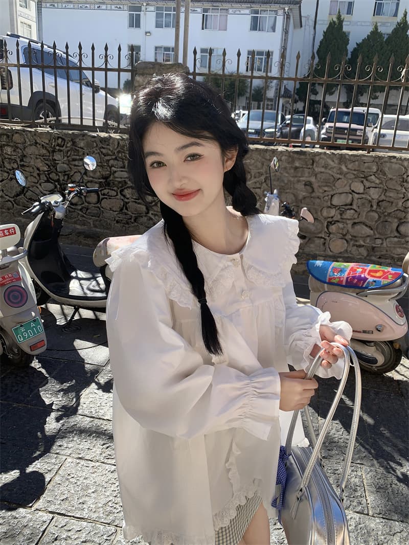 실사 새로운 한 부서 달콤함 연령 감소 베이비 칼라 프릴 루즈핏 긴팔 셔츠 상세 이미지 17