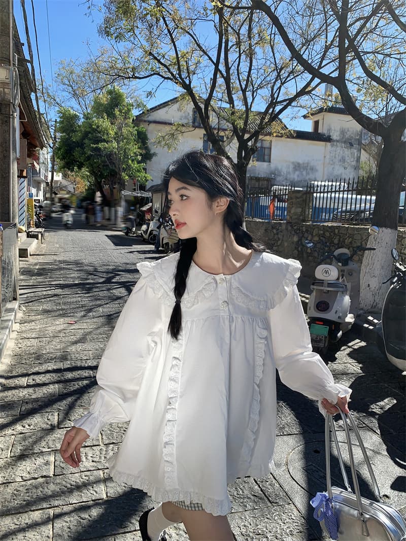 실사 새로운 한 부서 달콤함 연령 감소 베이비 칼라 프릴 루즈핏 긴팔 셔츠 상세 이미지 18