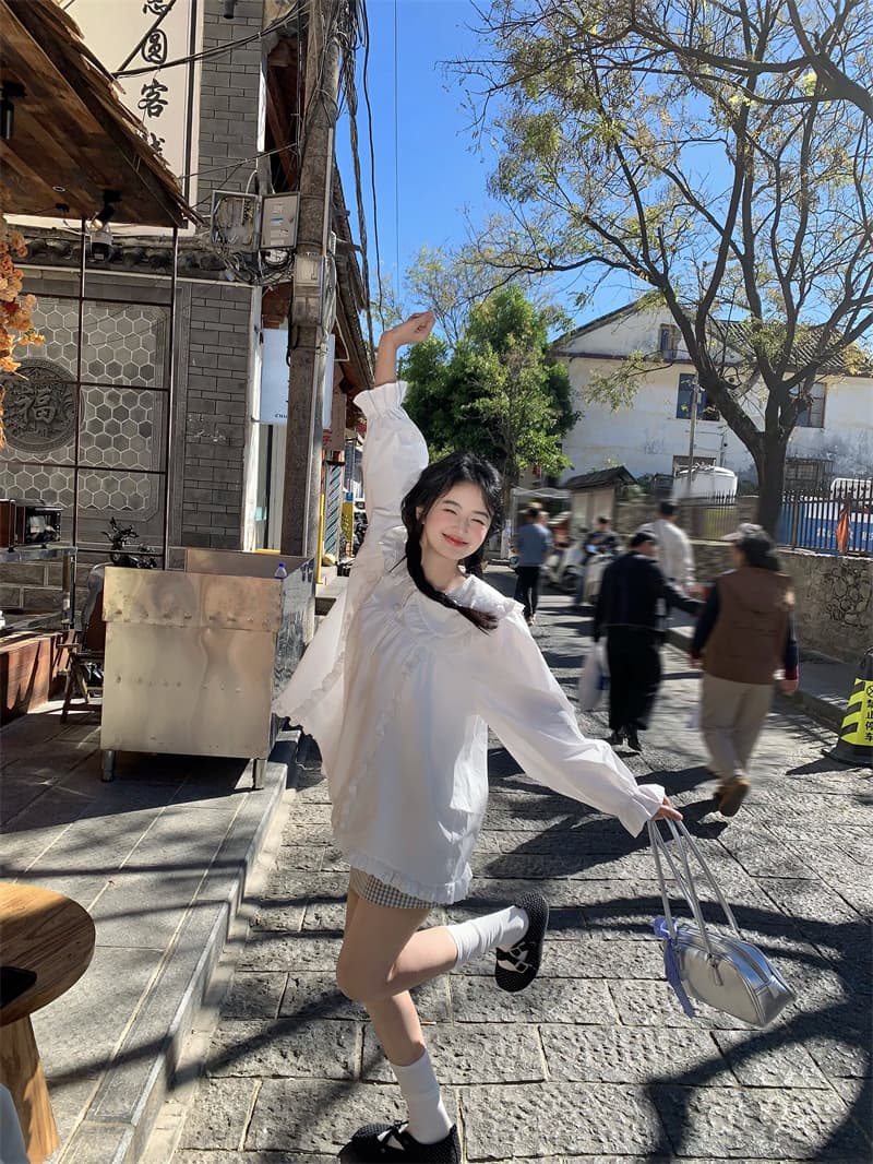 실사 새로운 한 부서 달콤함 연령 감소 베이비 칼라 프릴 루즈핏 긴팔 셔츠 상세 이미지 19