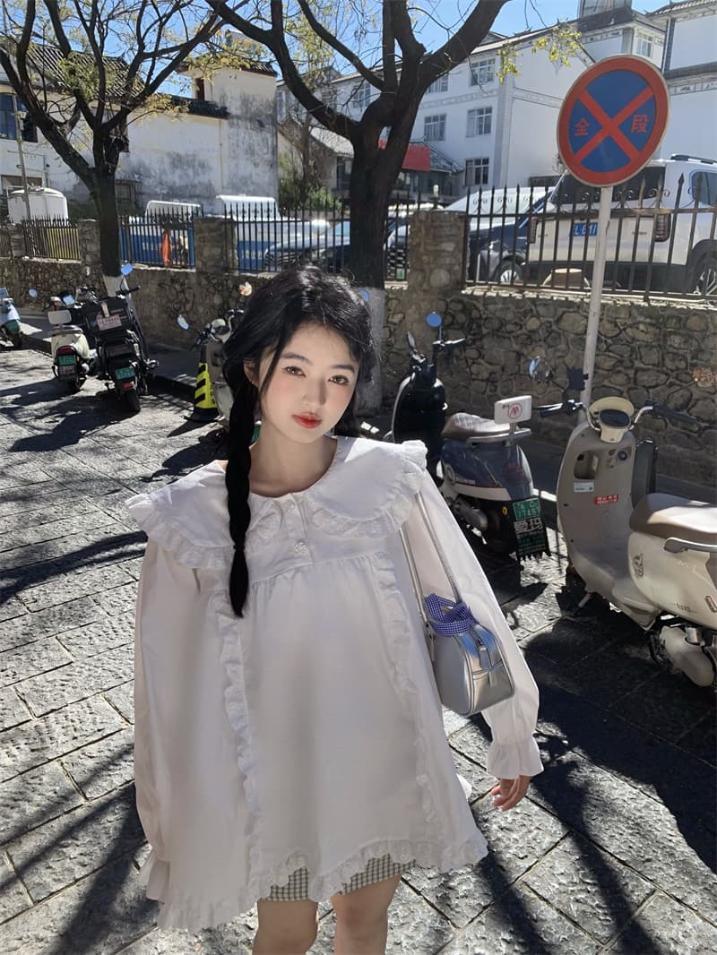 실사 새로운 한 부서 달콤함 연령 감소 베이비 칼라 프릴 루즈핏 긴팔 셔츠 상세 이미지 24