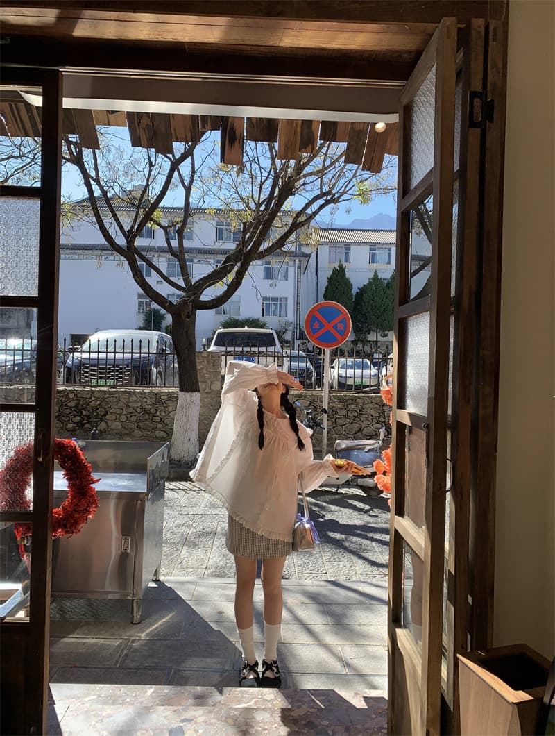 실사 새로운 한 부서 달콤함 연령 감소 베이비 칼라 프릴 루즈핏 긴팔 셔츠 상세 이미지 25