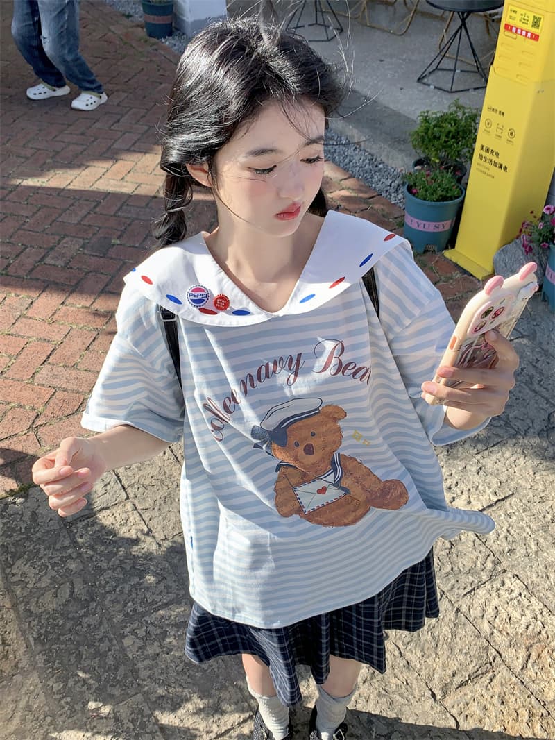 실사 새로운 한 부서 달콤함 연령 감소 프린트 작은 곰 3 차원 장식품 베이비 칼라 루즈핏 반팔 티셔츠 이미지 2