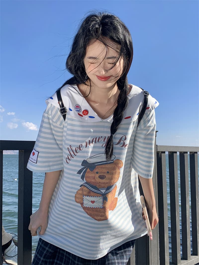 실사 새로운 한 부서 달콤함 연령 감소 프린트 작은 곰 3 차원 장식품 베이비 칼라 루즈핏 반팔 티셔츠 이미지 3