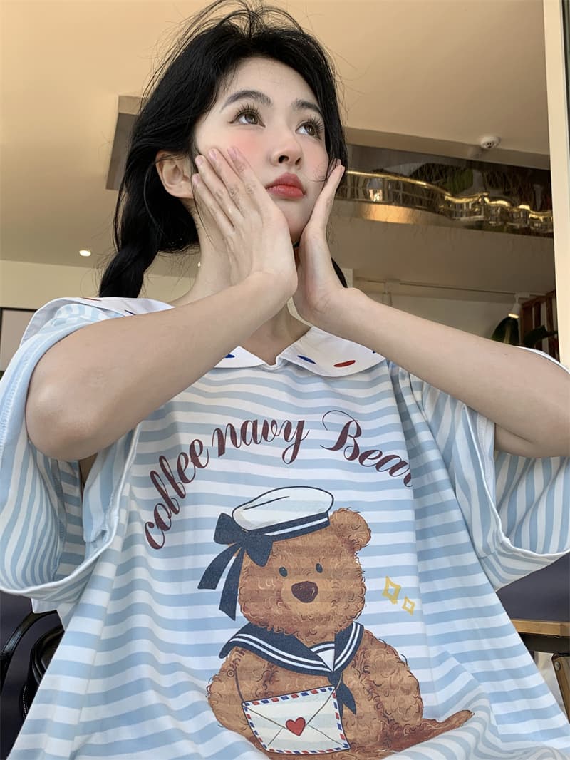 실사 새로운 한 부서 달콤함 연령 감소 프린트 작은 곰 3 차원 장식품 베이비 칼라 루즈핏 반팔 티셔츠 상세 이미지 17