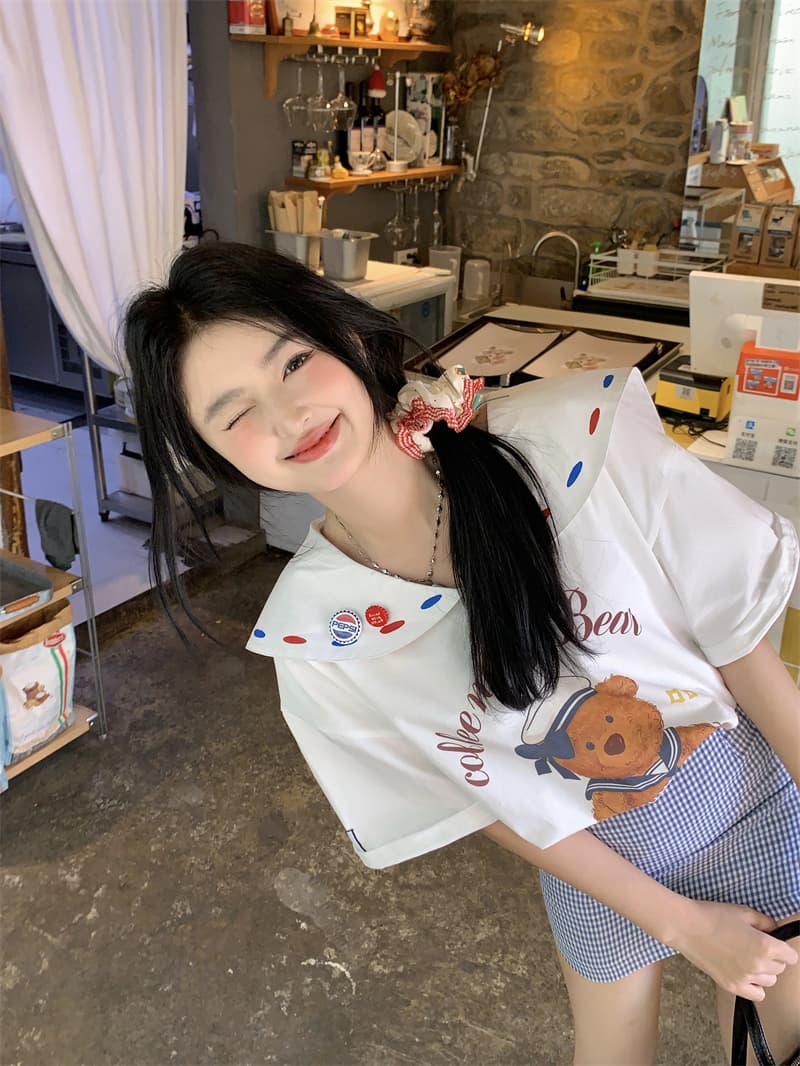 실사 새로운 한 부서 달콤함 연령 감소 프린트 작은 곰 3 차원 장식품 베이비 칼라 루즈핏 반팔 티셔츠 상세 이미지 21