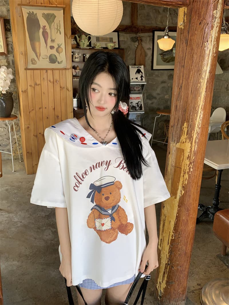 실사 새로운 한 부서 달콤함 연령 감소 프린트 작은 곰 3 차원 장식품 베이비 칼라 루즈핏 반팔 티셔츠 상세 이미지 41