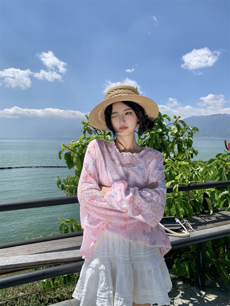 실사 새로운 한 부서 달콤함 도파민 나비 별 프린트 얇은 스타일 나비 매듭 루즈핏 자외선 차단 티셔츠 맨위 상세 이미지 1