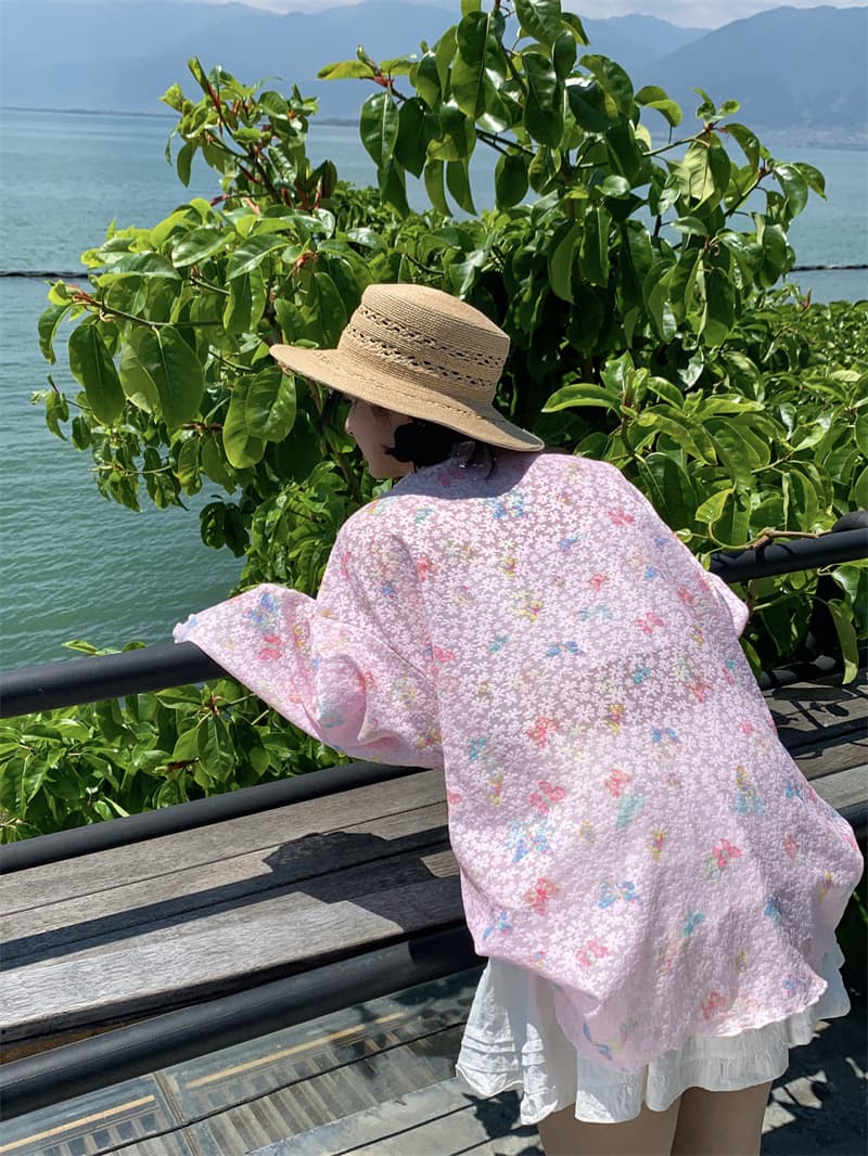 실사 새로운 한 부서 달콤함 도파민 나비 별 프린트 얇은 스타일 나비 매듭 루즈핏 자외선 차단 티셔츠 맨위 상세 이미지 3