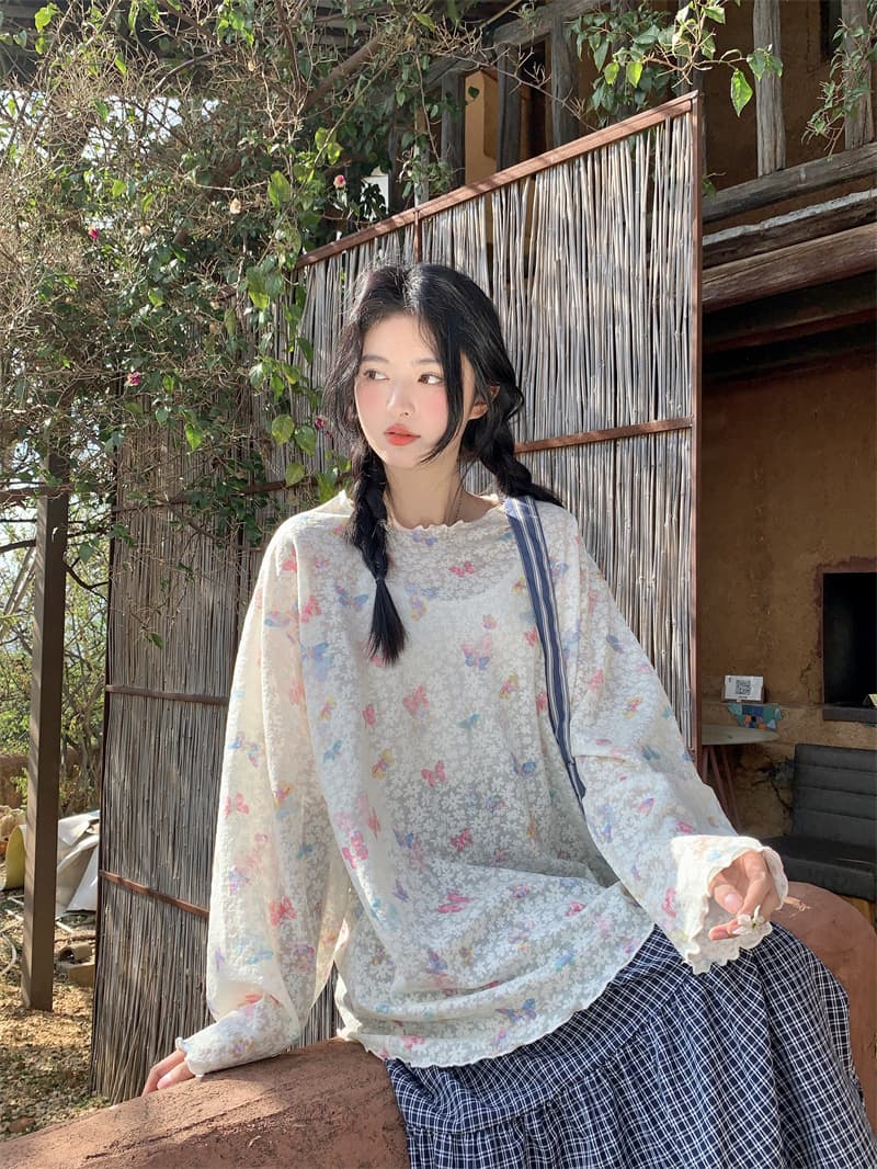 실사 새로운 한 부서 달콤함 도파민 나비 별 프린트 얇은 스타일 나비 매듭 루즈핏 자외선 차단 티셔츠 맨위 상세 이미지 31