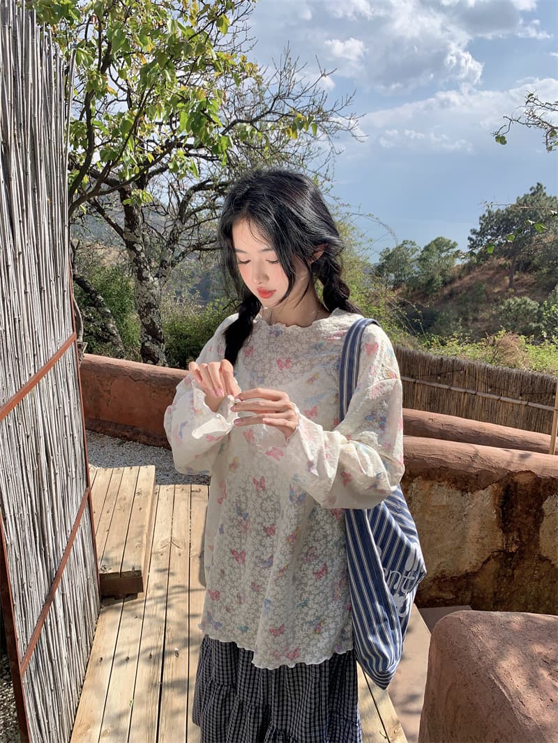 실사 새로운 한 부서 달콤함 도파민 나비 별 프린트 얇은 스타일 나비 매듭 루즈핏 자외선 차단 티셔츠 맨위 상세 이미지 38