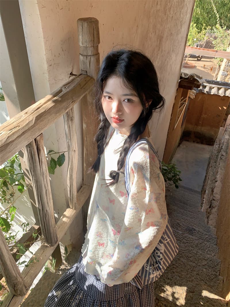실사 새로운 한 부서 달콤함 도파민 나비 별 프린트 얇은 스타일 나비 매듭 루즈핏 자외선 차단 티셔츠 맨위 상세 이미지 45
