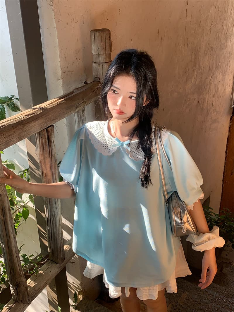 실사 새로운 한 부서 달콤함 레이스 패치워크 베이비 칼라 나비 매듭 루즈핏 티셔츠 맨위 상세 이미지 19