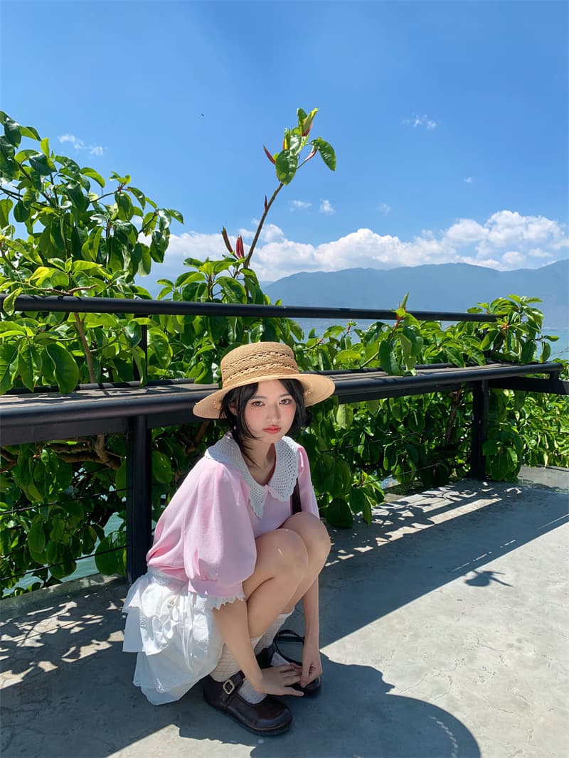 실사 새로운 한 부서 달콤함 레이스 패치워크 베이비 칼라 나비 매듭 루즈핏 티셔츠 맨위 상세 이미지 27