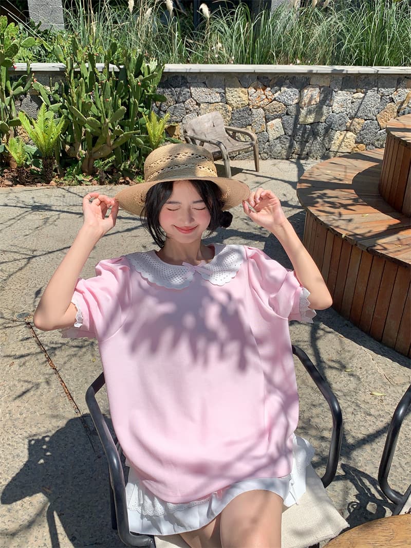 실사 새로운 한 부서 달콤함 레이스 패치워크 베이비 칼라 나비 매듭 루즈핏 티셔츠 맨위 상세 이미지 32