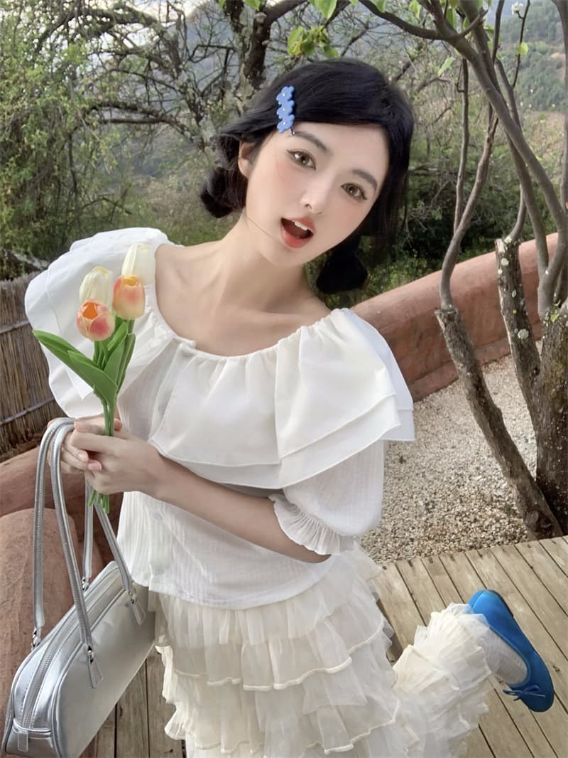 실사 새로운 한 부서 달콤함 연령 감소 패치워크 베이비 칼라 오프숄더 슬림해 보이는 티셔츠 맨위 상세 이미지 2