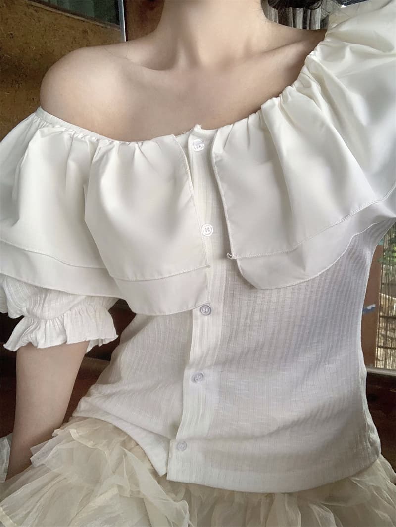 실사 새로운 한 부서 달콤함 연령 감소 패치워크 베이비 칼라 오프숄더 슬림해 보이는 티셔츠 맨위 상세 이미지 5