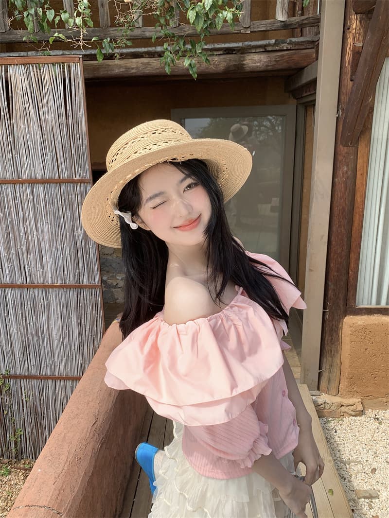실사 새로운 한 부서 달콤함 연령 감소 패치워크 베이비 칼라 오프숄더 슬림해 보이는 티셔츠 맨위 상세 이미지 30