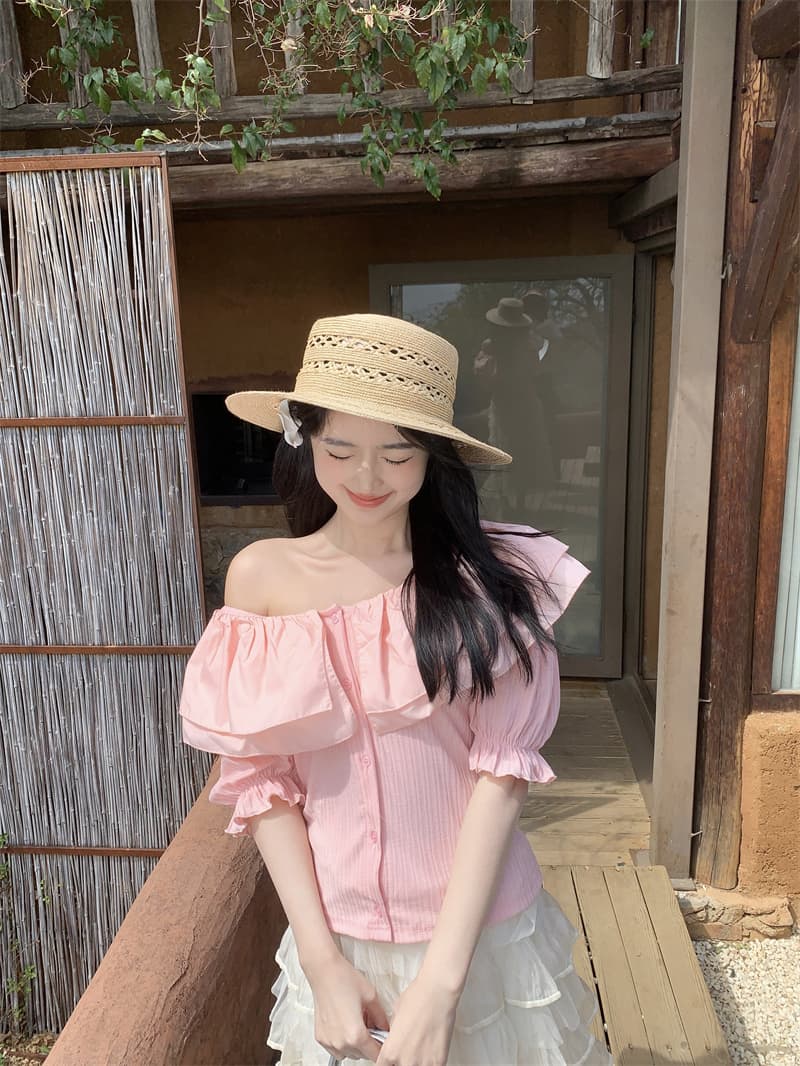 실사 새로운 한 부서 달콤함 연령 감소 패치워크 베이비 칼라 오프숄더 슬림해 보이는 티셔츠 맨위 상세 이미지 31