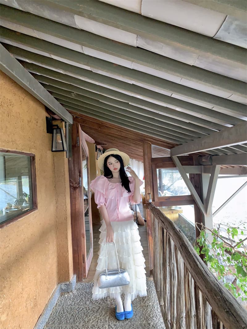 실사 새로운 한 부서 달콤함 연령 감소 패치워크 베이비 칼라 오프숄더 슬림해 보이는 티셔츠 맨위 상세 이미지 33