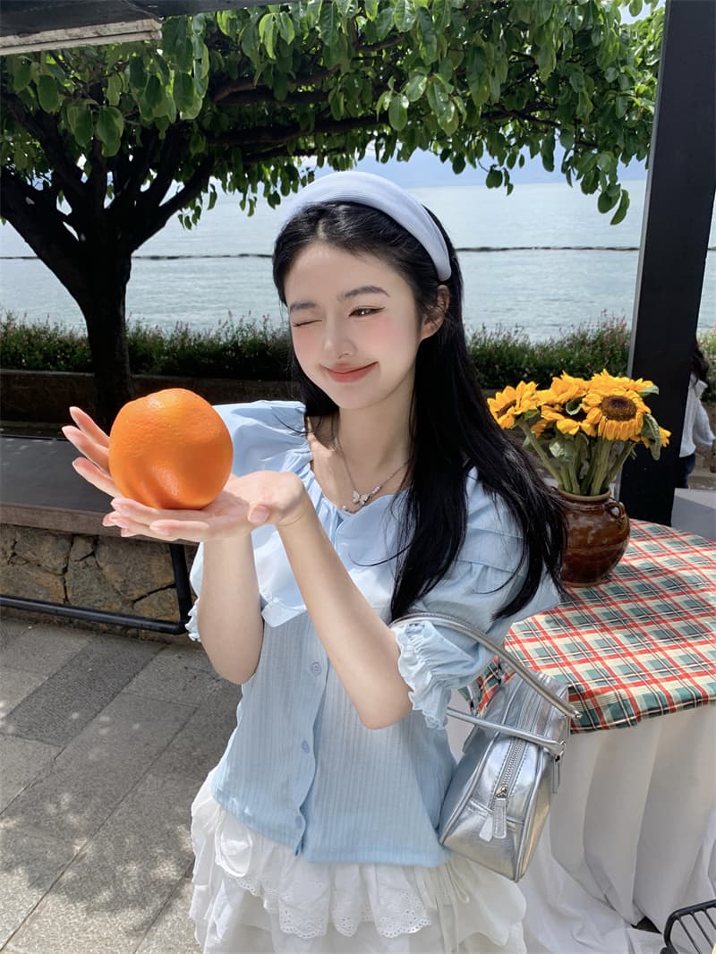 실사 새로운 한 부서 달콤함 연령 감소 패치워크 베이비 칼라 오프숄더 슬림해 보이는 티셔츠 맨위 상세 이미지 37