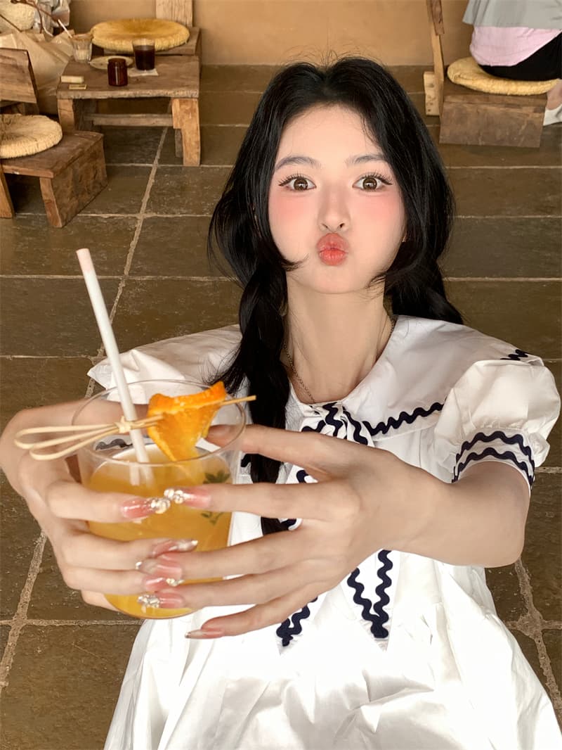 실사 새로운 한 부서 달콤함 연령 감소 무거운 작업 레이스 패치워크 나비 매듭 빅 칼라 루즈핏 드레스 상세 이미지 2