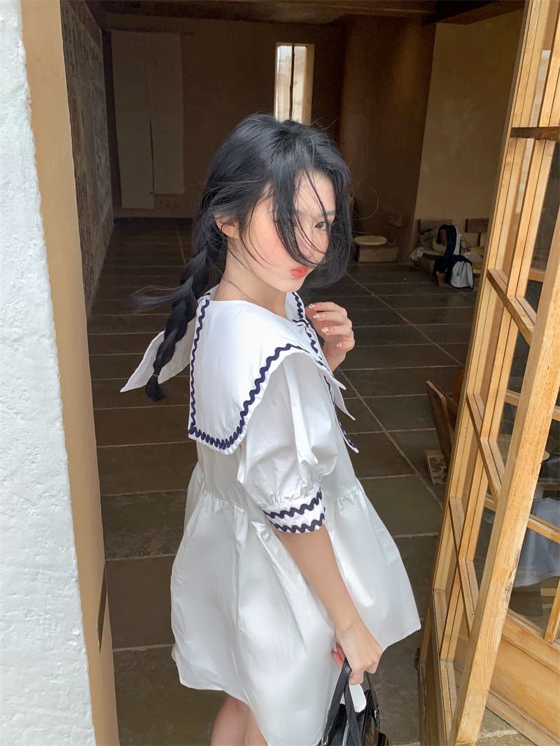 실사 새로운 한 부서 달콤함 연령 감소 무거운 작업 레이스 패치워크 나비 매듭 빅 칼라 루즈핏 드레스 상세 이미지 4