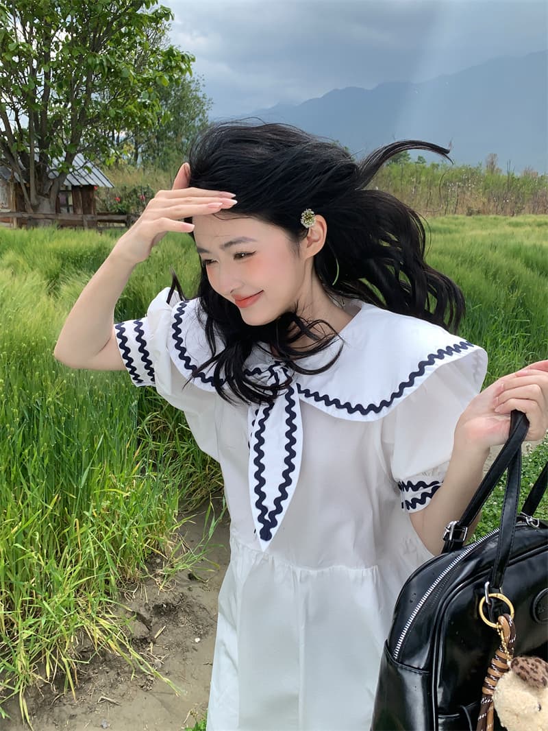 실사 새로운 한 부서 달콤함 연령 감소 무거운 작업 레이스 패치워크 나비 매듭 빅 칼라 루즈핏 드레스 상세 이미지 11
