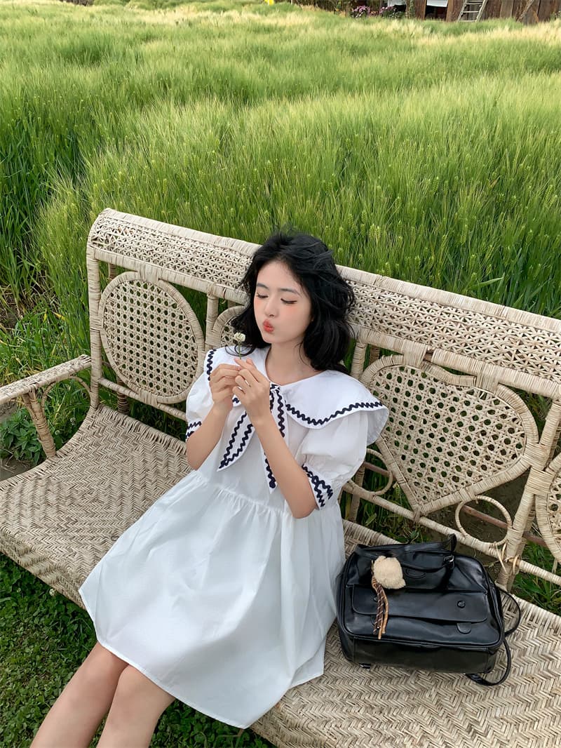 실사 새로운 한 부서 달콤함 연령 감소 무거운 작업 레이스 패치워크 나비 매듭 빅 칼라 루즈핏 드레스 상세 이미지 17