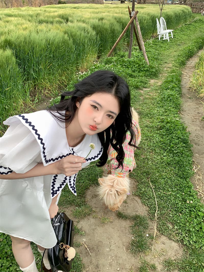 실사 새로운 한 부서 달콤함 연령 감소 무거운 작업 레이스 패치워크 나비 매듭 빅 칼라 루즈핏 드레스 상세 이미지 19