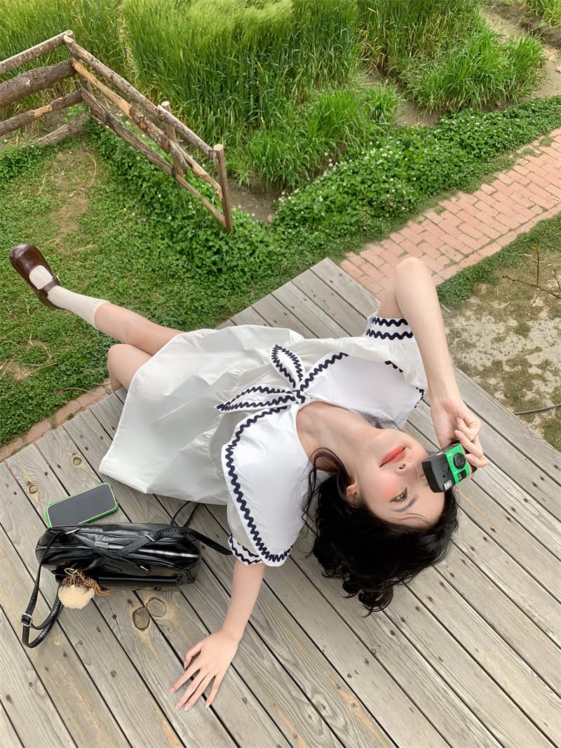 실사 새로운 한 부서 달콤함 연령 감소 무거운 작업 레이스 패치워크 나비 매듭 빅 칼라 루즈핏 드레스 상세 이미지 22