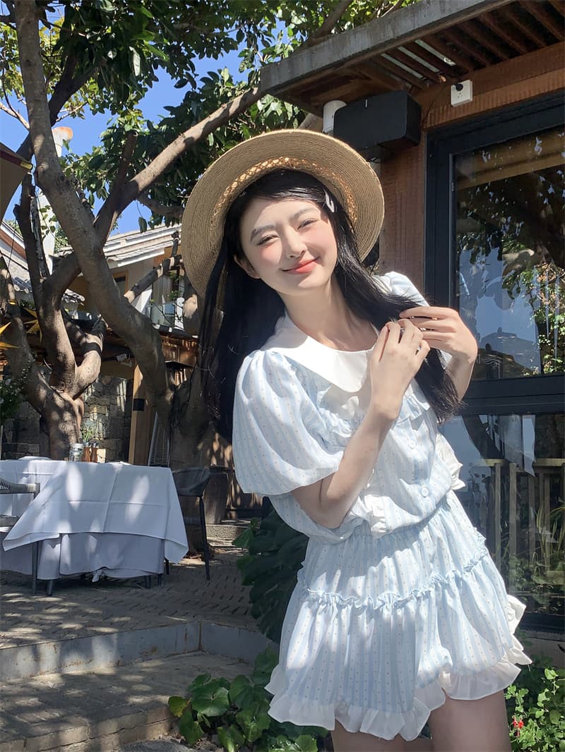 실사 새로운 한 부서 달콤함 베이비 칼라 패치워크 프릴 루즈핏 셔츠 프릴 반신 치마 세트 상세 이미지 7
