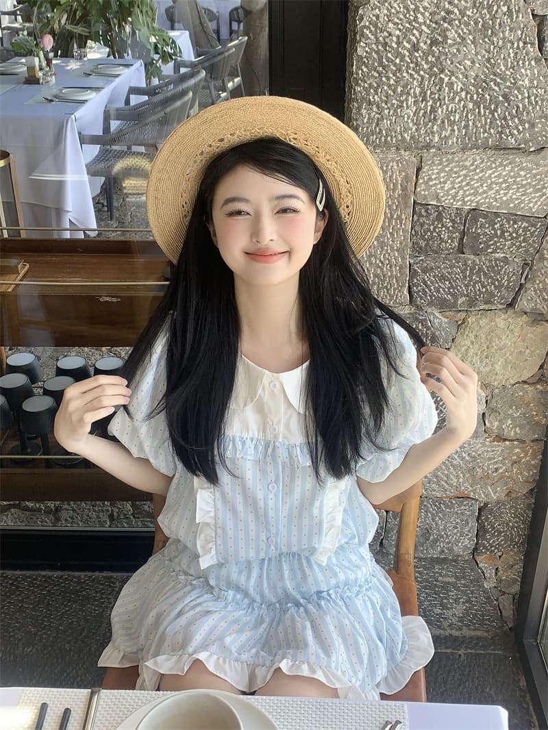 실사 새로운 한 부서 달콤함 베이비 칼라 패치워크 프릴 루즈핏 셔츠 프릴 반신 치마 세트 상세 이미지 17