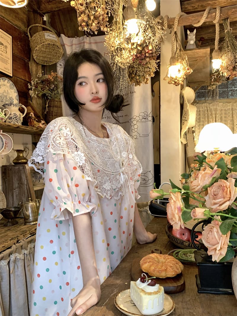 실사 새로운 한 부서 달콤함 연령 감소 무거운 작업 레이스 조각 도트 무늬 루즈핏 드레스 이미지 4