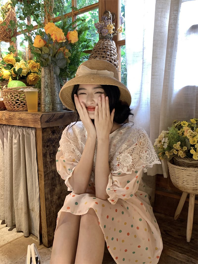 실사 새로운 한 부서 달콤함 연령 감소 무거운 작업 레이스 조각 도트 무늬 루즈핏 드레스 상세 이미지 5
