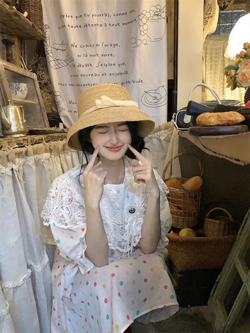 실사 새로운 한 부서 달콤함 연령 감소 무거운 작업 레이스 조각 도트 무늬 루즈핏 드레스 상세 이미지 6