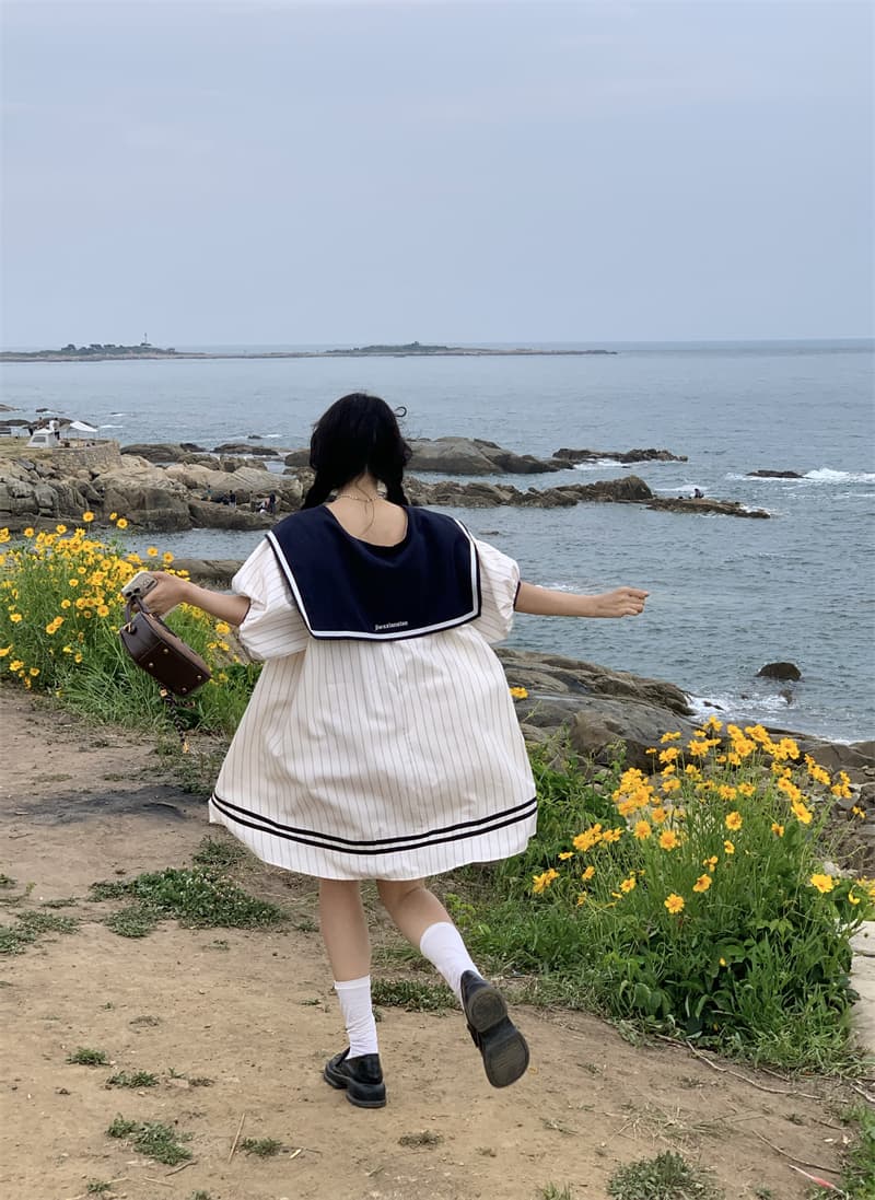 실사 새로운 한 부서 달콤함 연령 감소 해군 칼라 3 차원 나비 매듭 루즈핏 드레스 상세 이미지 23